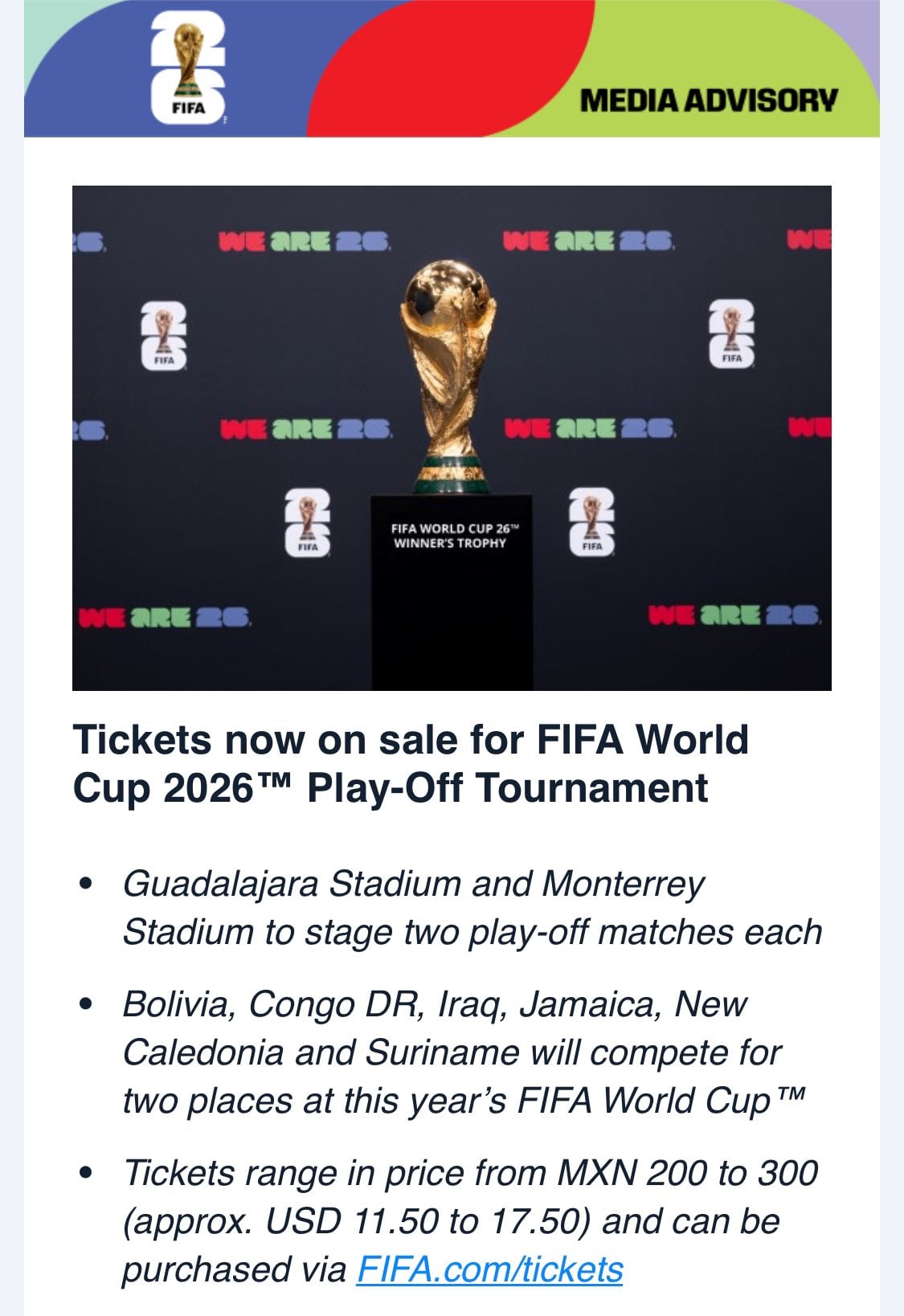 Boletos para repechaje del Mundial 2026