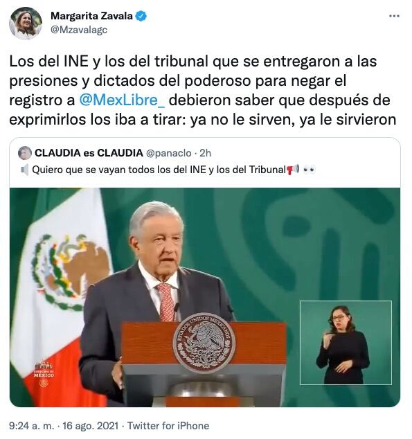Retuit de Margarita Zavala