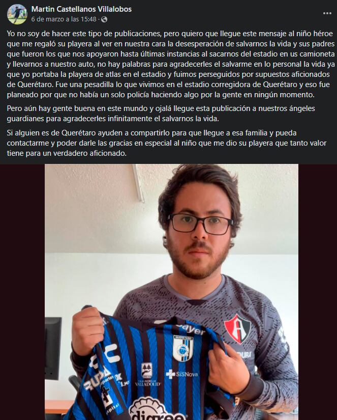 publicación del niño "héroe" que salvó a un aficionado del Atlas FC