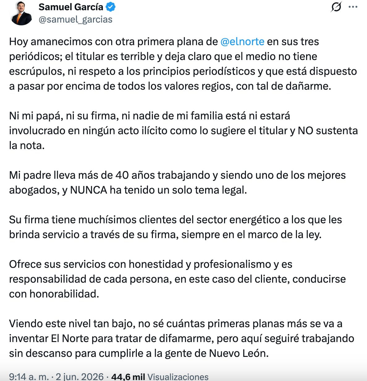 Samuel García acusa a el periódico El Norte de difamación contra su padre