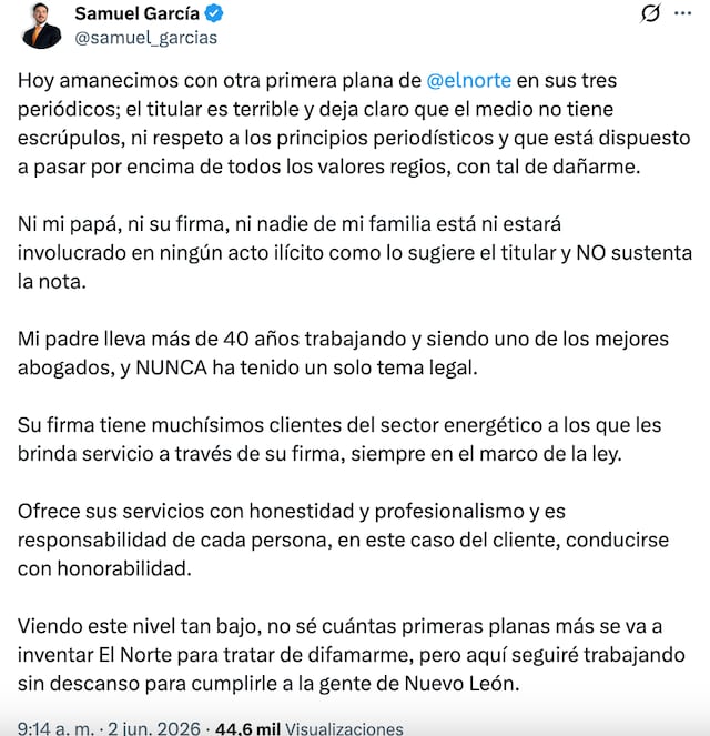 Samuel García arremete contra El Norte por involucrar a su padre en ...
