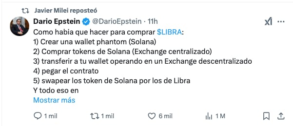 Javier Milei retuitea mensaje con instructivo para comprar $Libra