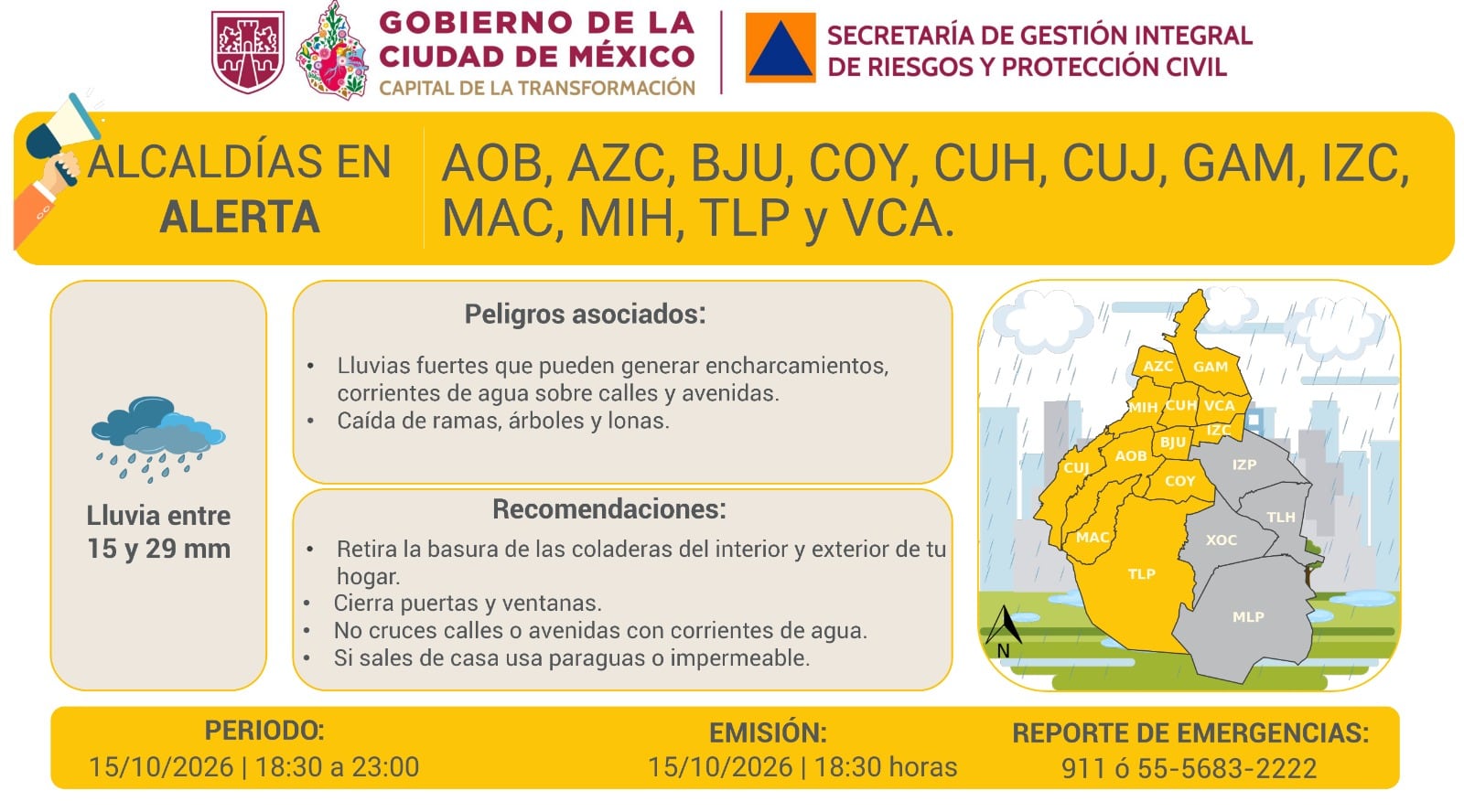 Lluvias en CDMX: activan Alerta Amarilla en nueve alcaldías hasta las 23:00 horas