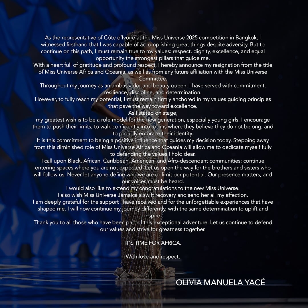 Comunicado. Olivia Yace renuncia a su título de Miss Universo y exige ser escuchada