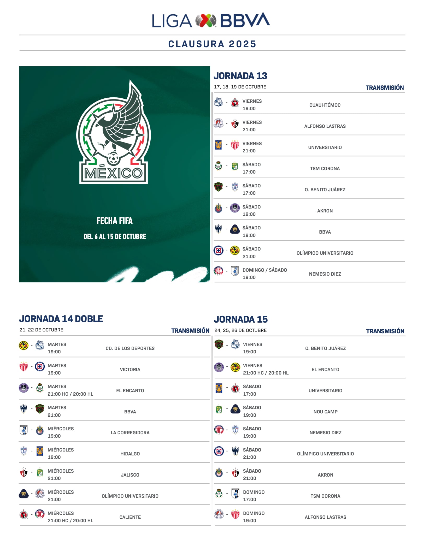 Calendario del Apertura 2025 de la Liga MX.