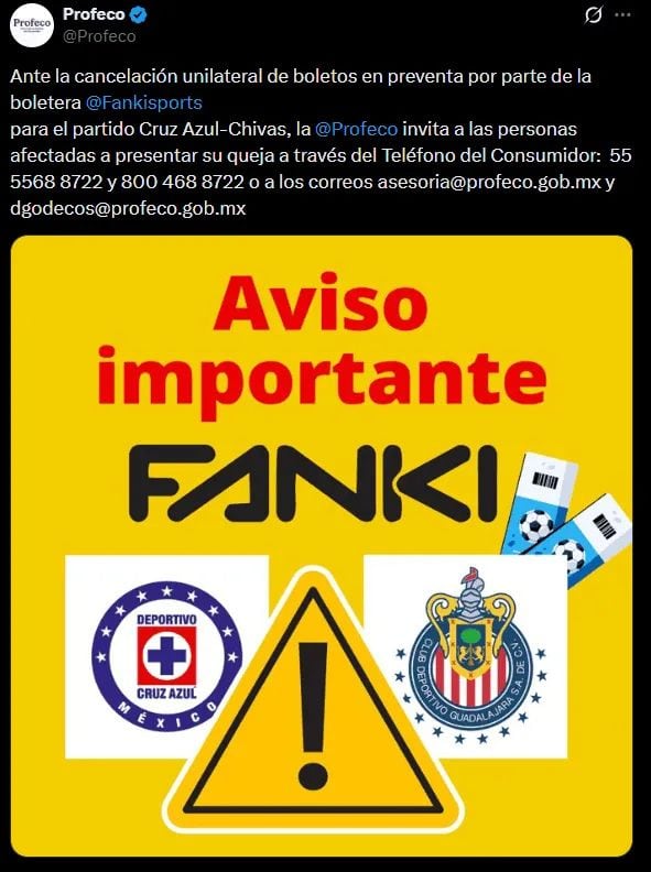 Profeco interviene tras cancelación de boletos para el Cruz Azul vs Chivas.