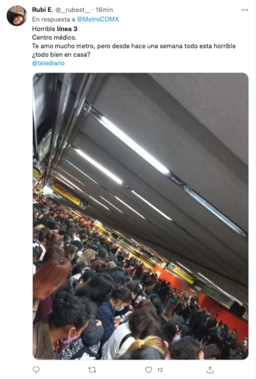 usuarios se quejan de retrasos de la línea 3 del metro/captura de pantalla de Twitter