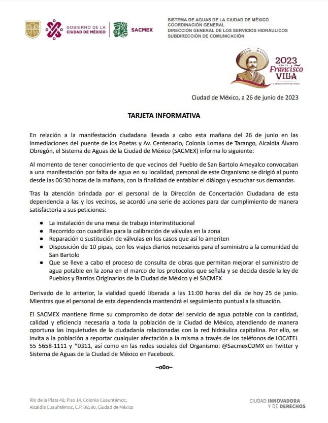 Sacmex responde a vecinos de San Bartolo Ameyalco