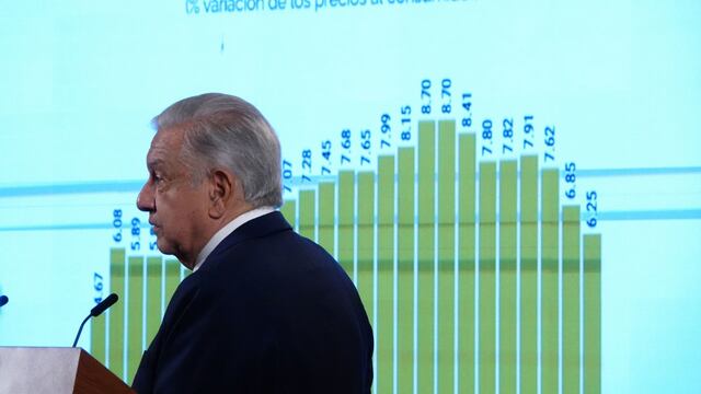 Andrés Manuel López Obrador muestra una gráfica con los niveles de inflación, la cual dijo está a la baja, durante la conferencia matutina desde Palacio Nacional