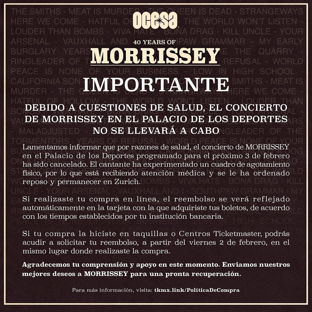 Comunicado de Ocesa sobre la cancelación de Morrissey