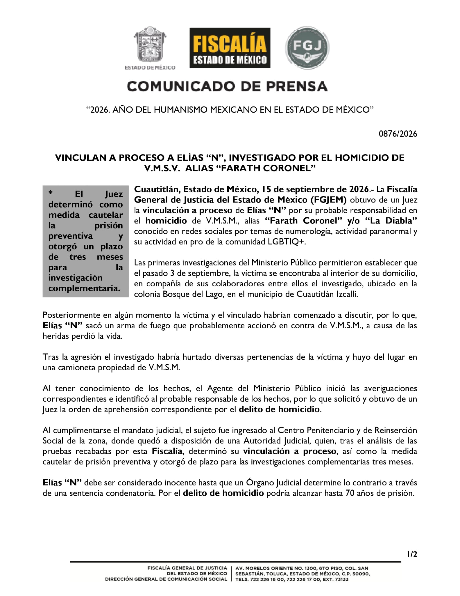 Caso Farath Coronel: vinculan a proceso a su guardia por homicidio