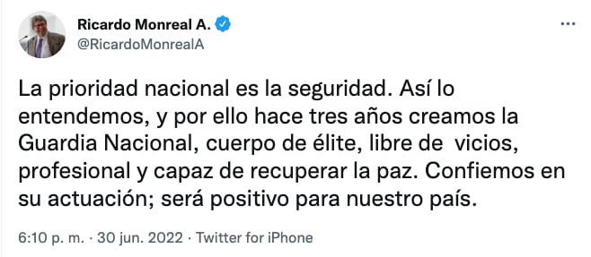 Ricardo Monreal defiende a la Guardia Nacional