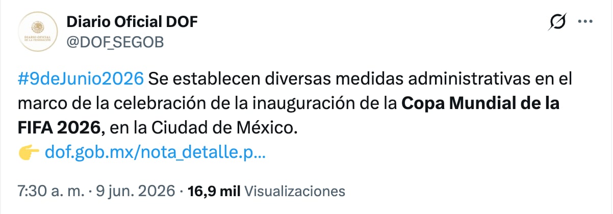 Decreto publicado en el DOF para otorgar Home Office el 11 de junio por inicio del Mundial 2026 en CDMX
