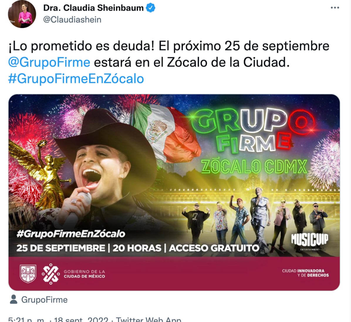 Claudia Sheinbaum confirma a Grupo Firme en el Zócalo de la CDMX