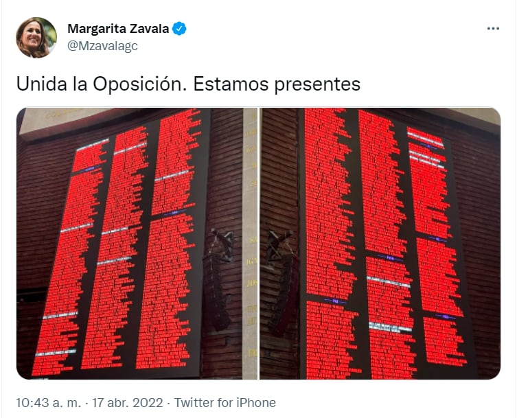 Tuit de Margarita Zavala en votaciones de la reforma eléctrica