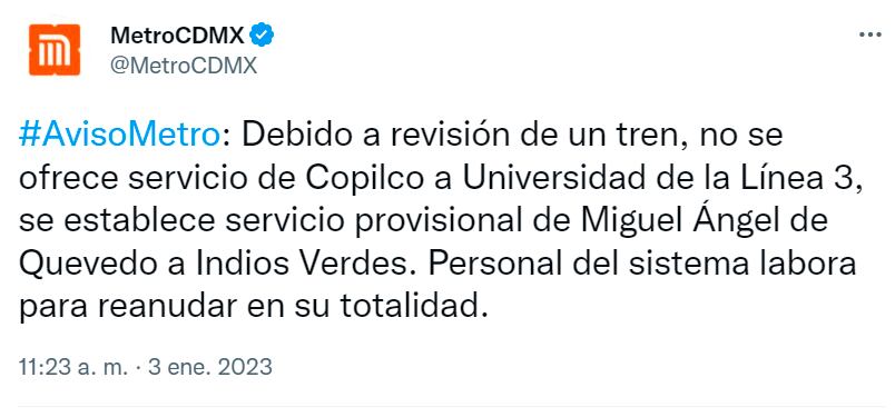 ¿Qué pasó hoy en la Línea 3 del Metro CDMX? Suspenden servicio de Copilco a Universidad