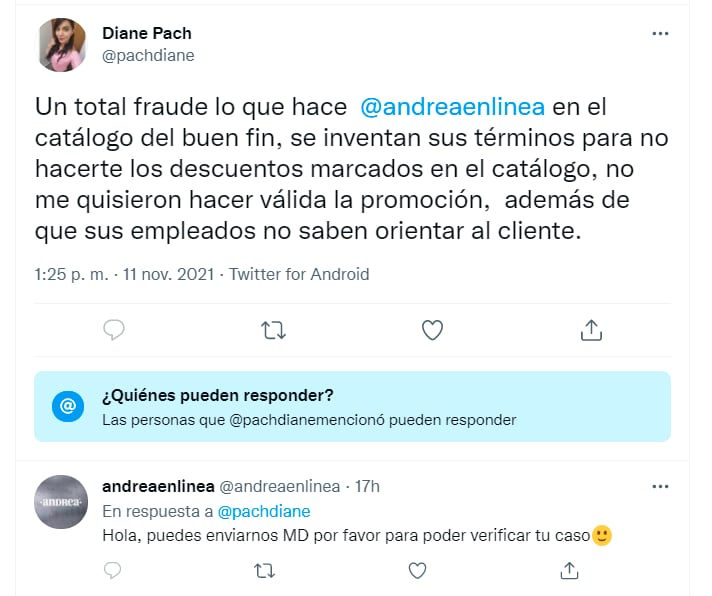 Usuarios de Twitter se quejan del servicio de Andrea en el Buen Fin 2021/@pachdiane