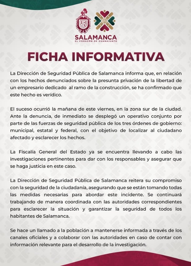 Seguridad Pública de Salamanca confirma privación de la libertad del empresario Gerardo Arredondo