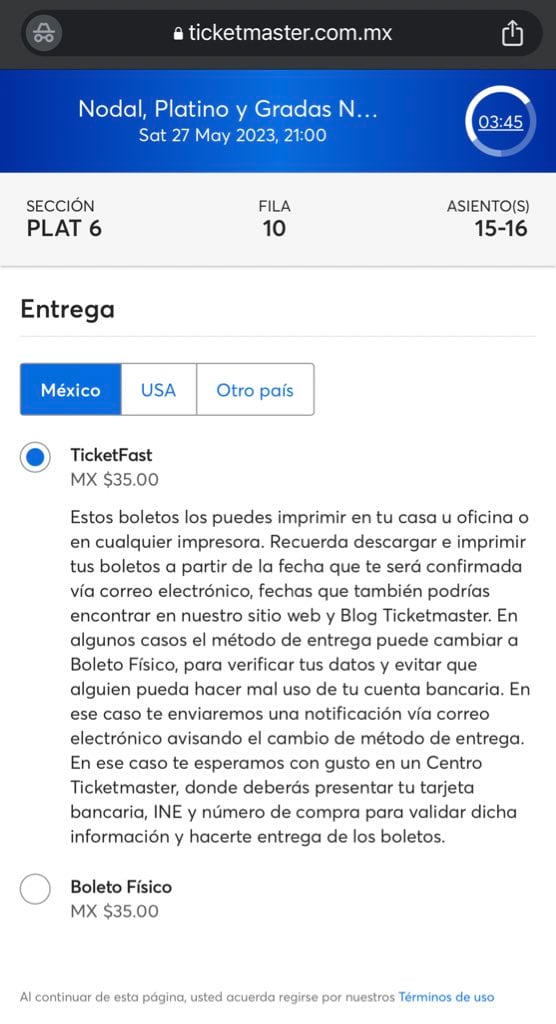 Aumento de impresión de boletos de Ticketmaster