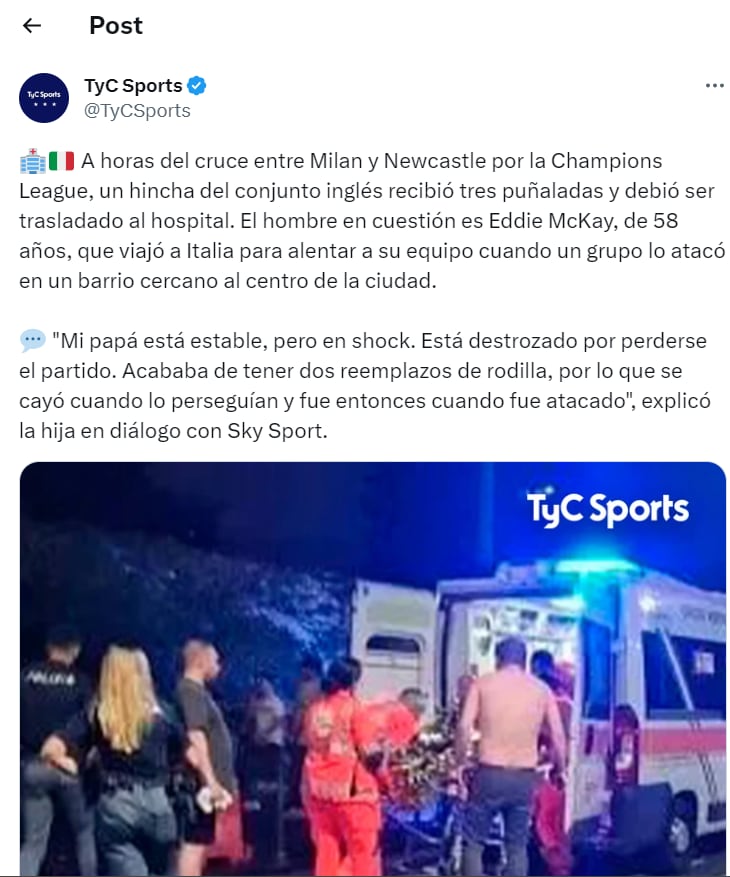 Aficionado del Newcastle es apuñalado en Milan