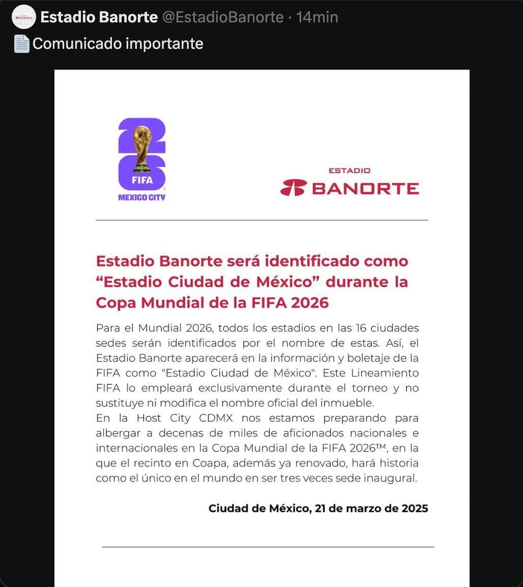 Estadio Azteca tampoco se podrá llamar así en el Mundial 2026; FIFA ya reveló el nombre