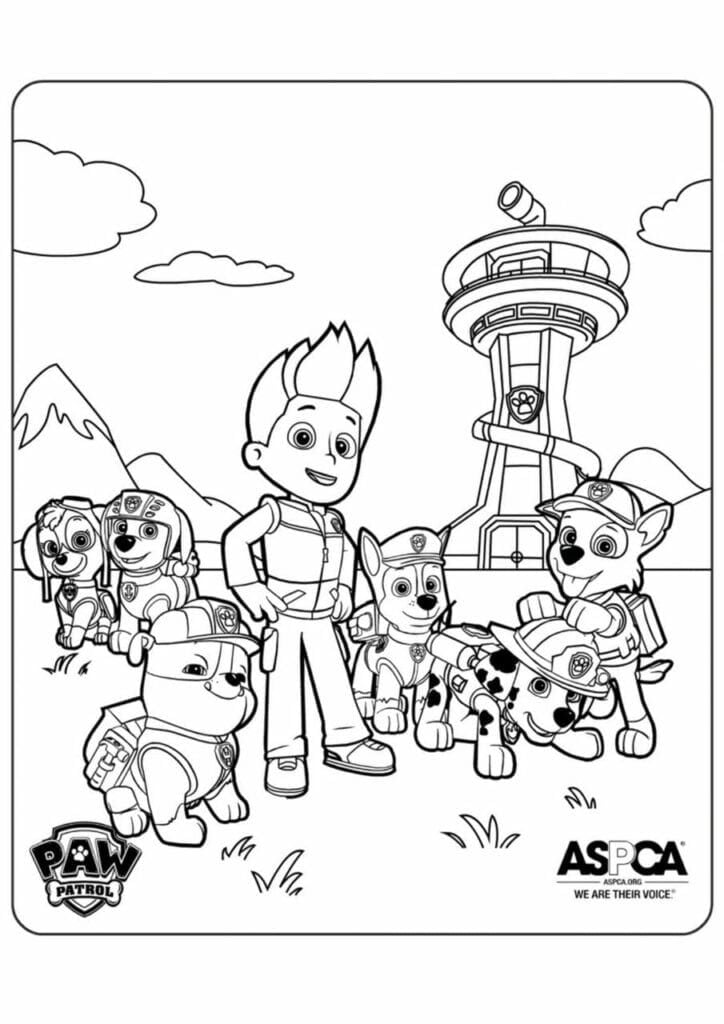 Dibujos del equipo completo de Paw Patrol para imprimir y colorear por el Día del Peluquero Canino
