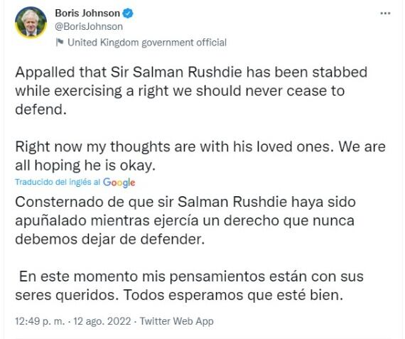 Boris Johnson consternado por el ataque de Salman Rushdie