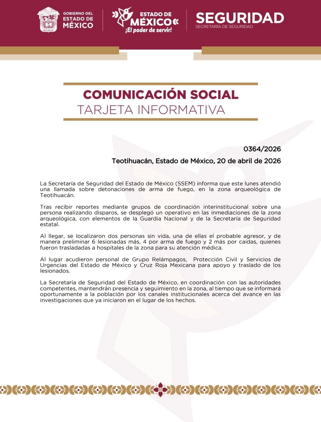 Seguridad del Edomex confirma 6 heridos tras balacera en Teotihuacán