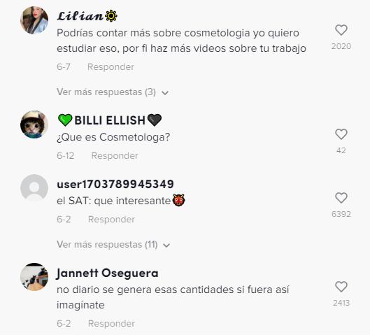 Comentarios al TikTok de la cosmetóloga que gana más de 3 mil pesos diarios