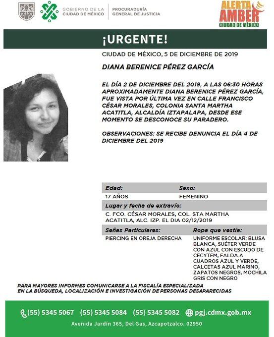 Diana Berenice Pérez García. Alerta Amber