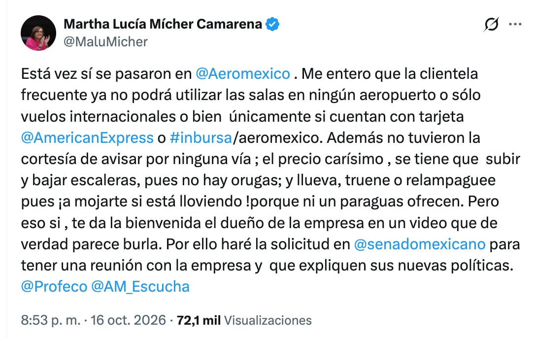 Malú Mícher pedirá reunión con Aeroméxico en el Senado