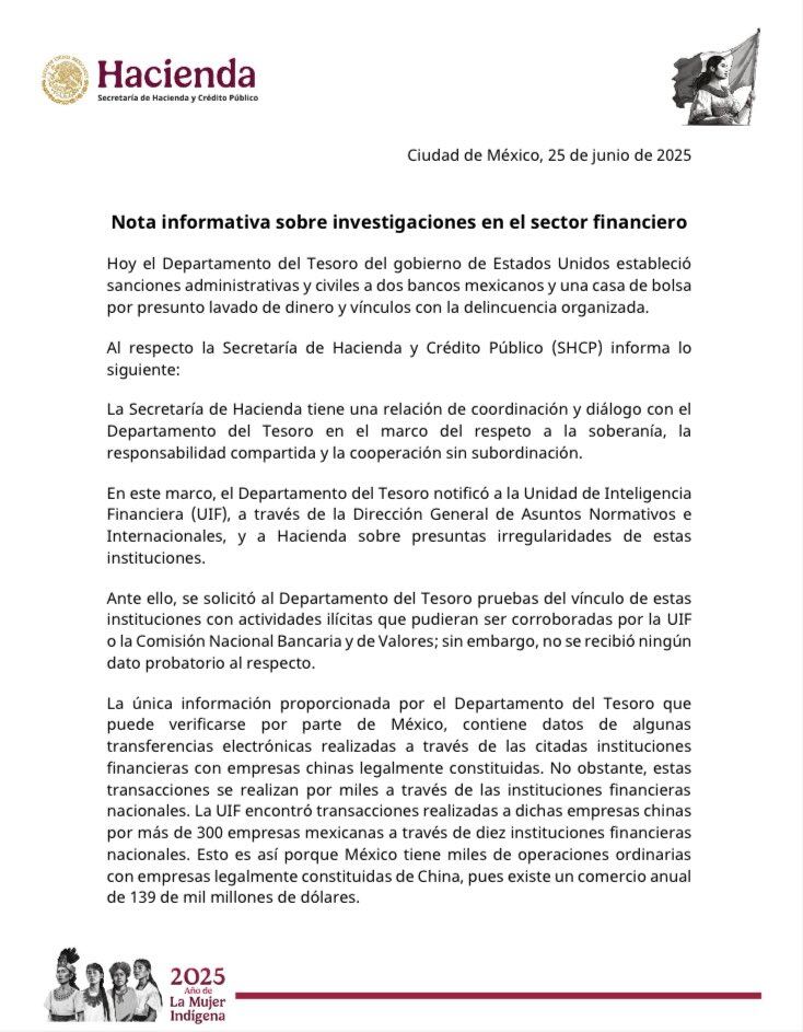Estados Unidos acusa a empresas mexicanas CIBanco, Intercam Banco y Vector Casa de Bolsa por lavado de dinero del narcotráfico; Secretaría de Hacienda de México pidió pruebas
