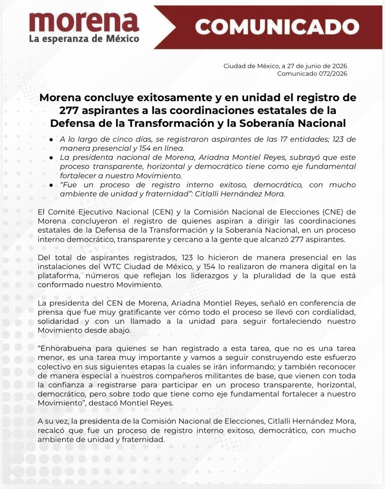 Morena revela en un comunicado de prensa que el registro estatal de la Transformación ha concluido