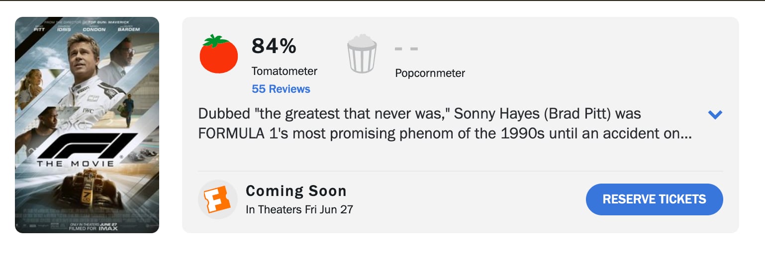 Calificación de F1: La Película en Rotten Tomatoes