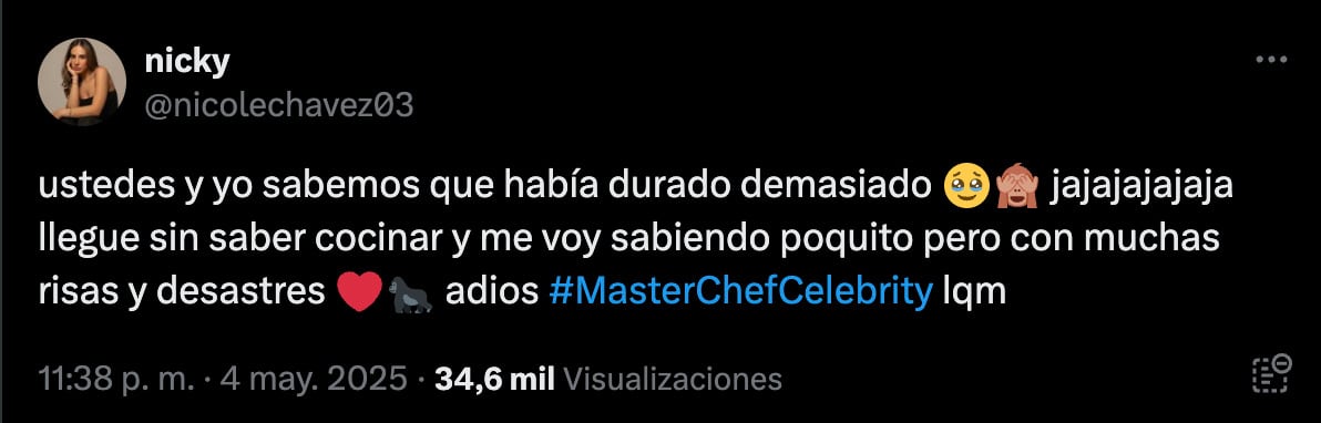 Nicole Chávez admite que duró de más en MasterChef Celebrity 2025