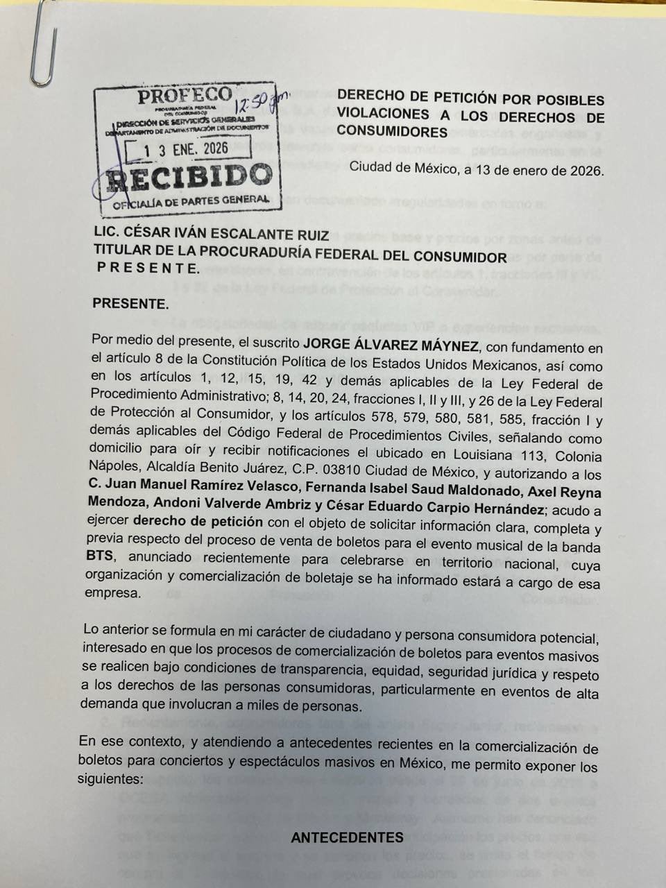 Documento petitorio de Jorge Álvarez Máynez