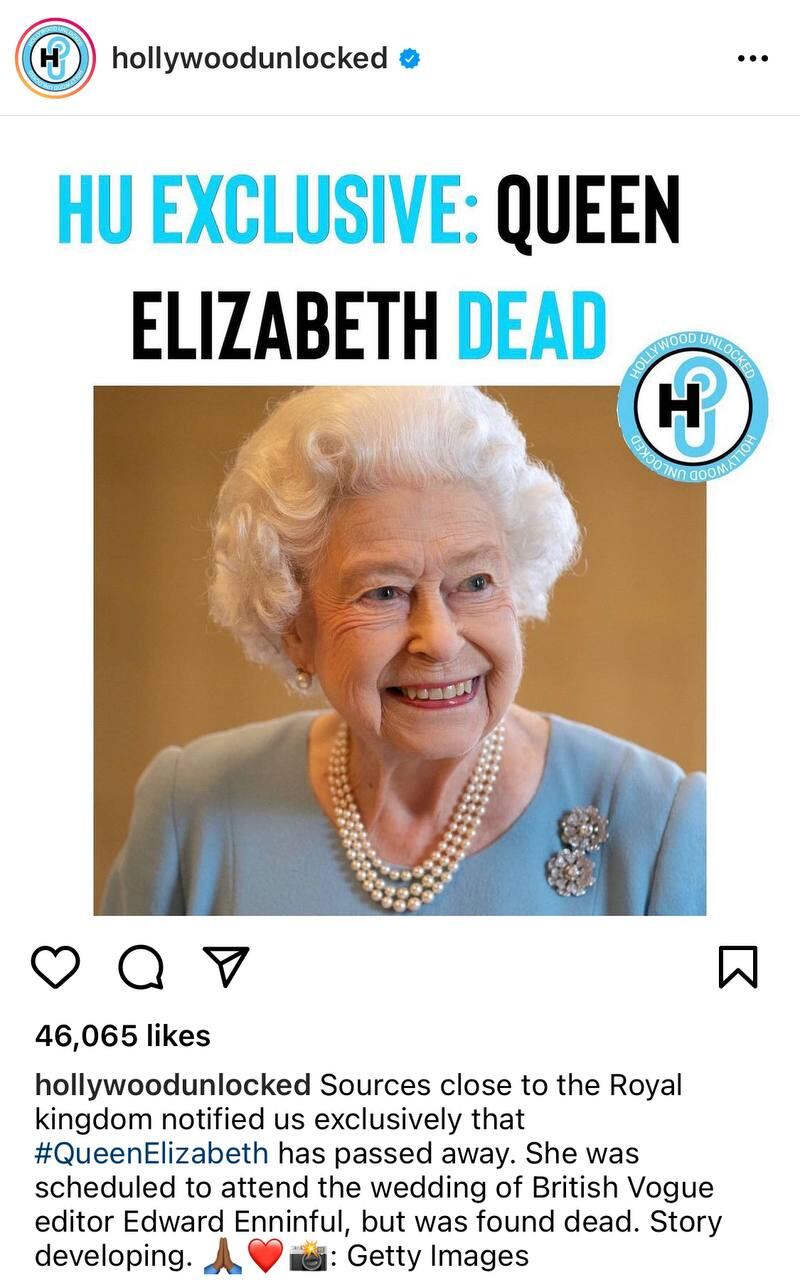 cuenta de Instagram difunde rumor sobre la muerte de la Reina Isabel II