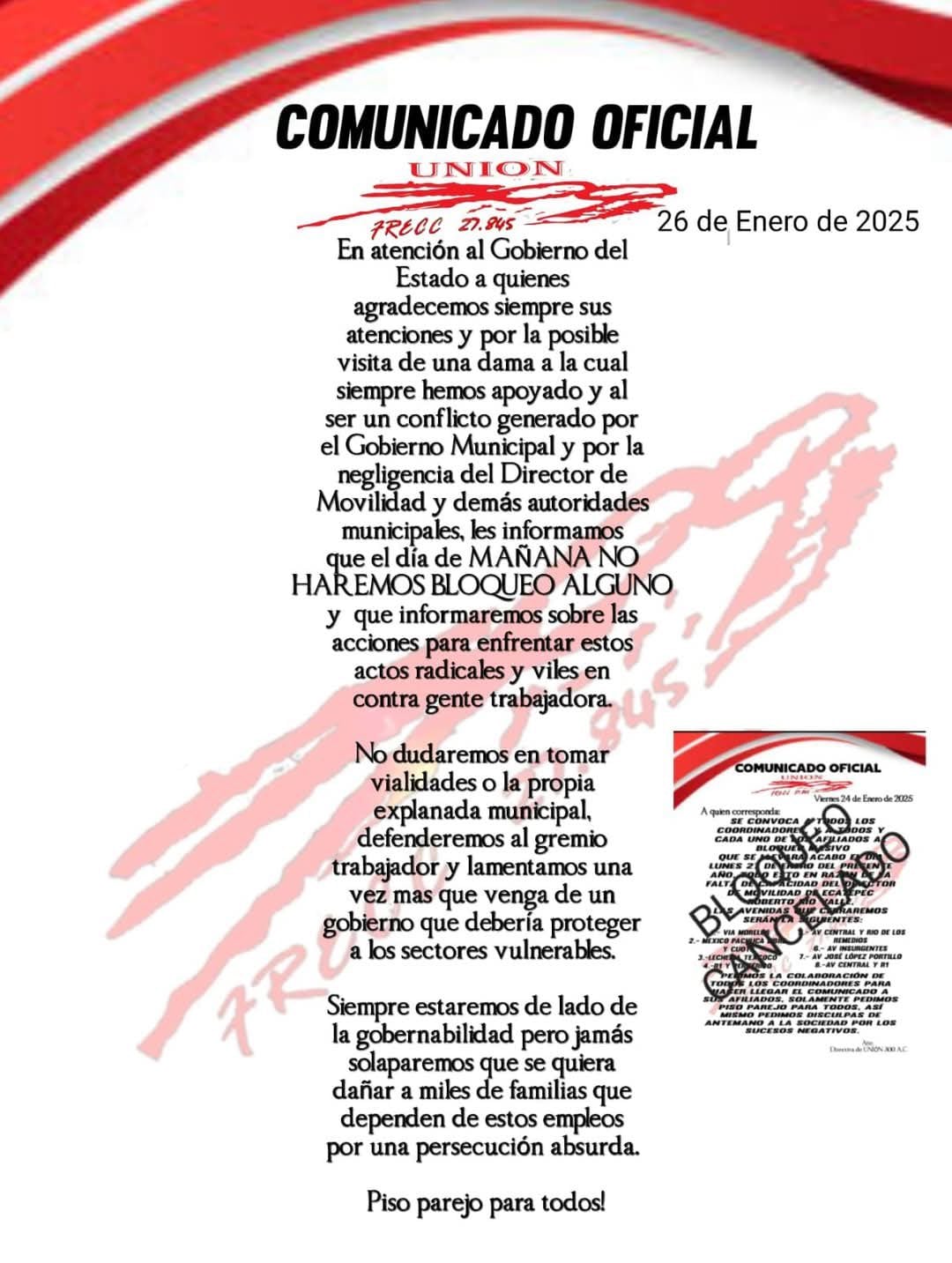 Cancelan bloqueos Ecatepec del 27 de enero