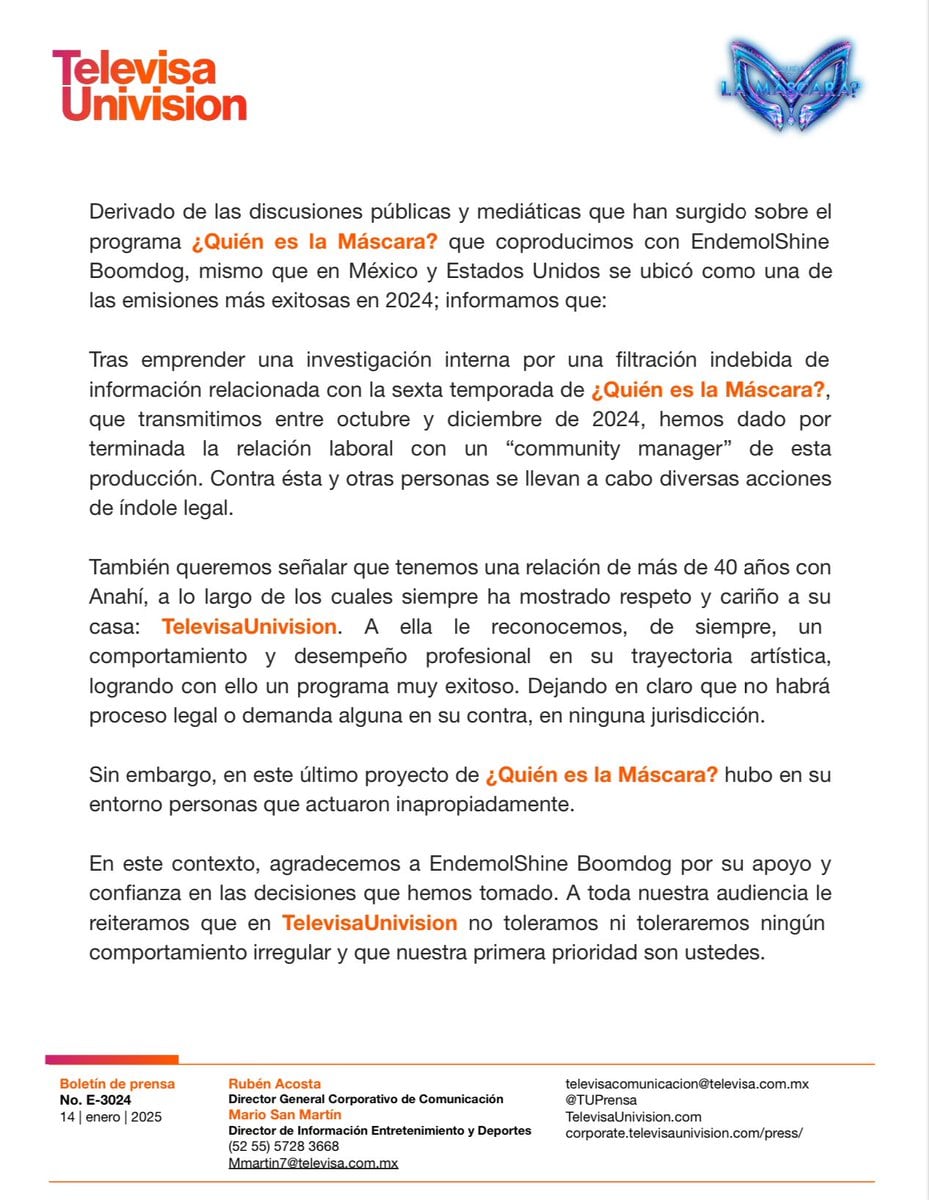 Comunicado de la demanda de TelevisaUnivision vs Anahí que fue desechada