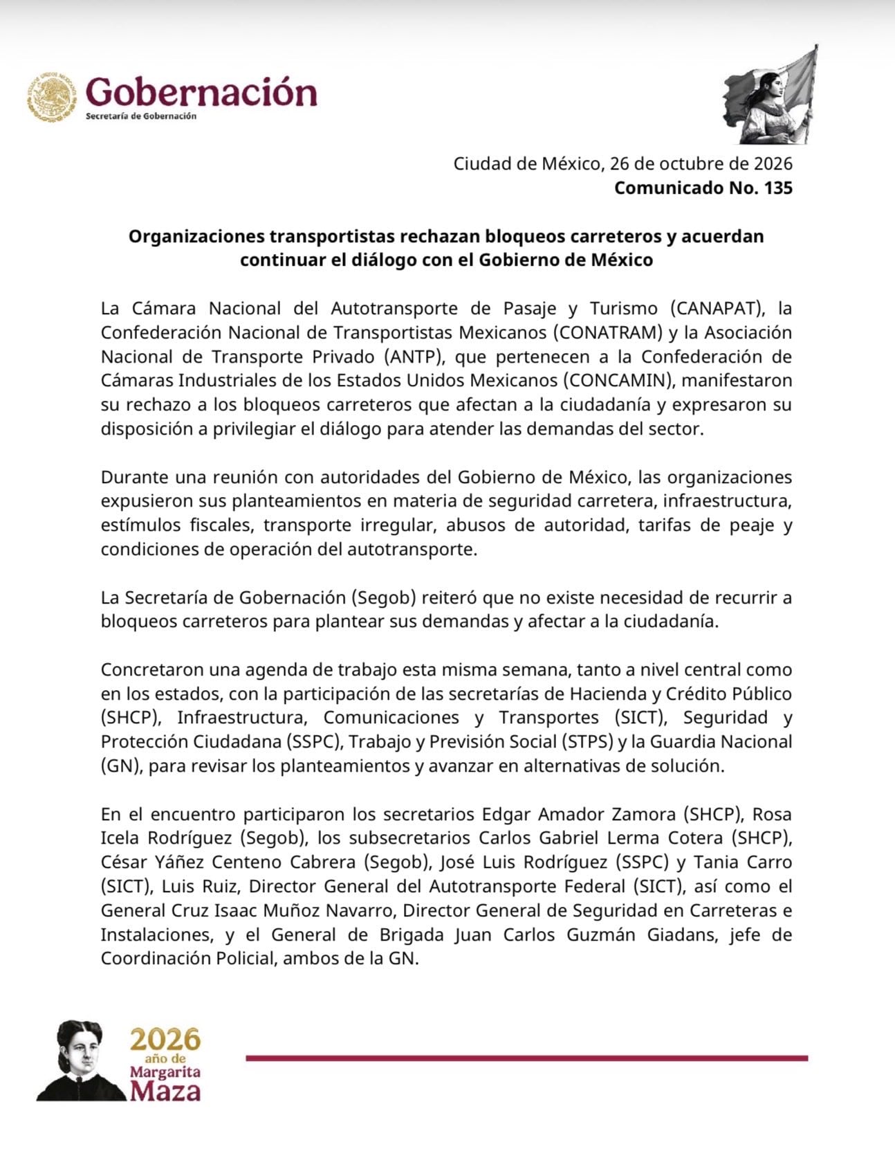 Concamin rechaza los bloqueos carreteros y apuesta por el diálogo con Segob
