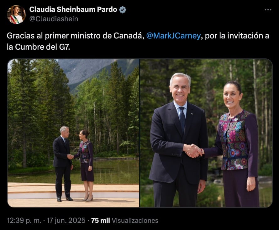 Claudia Sheinbaum es recibida por Mark Carney, primer ministro de Canadá, en la Cumbre del G7