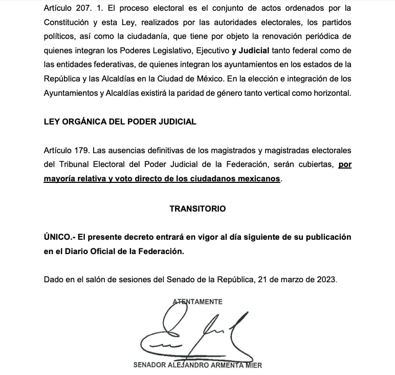 Propuesta de reformas de ley de Alejandro Armenta para que los jueces y magistrados sean elegidos por voto directo