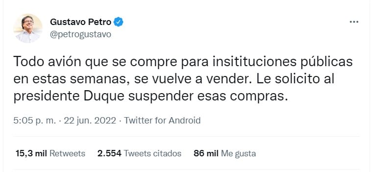 Tuit de Gustavo Petro, presidente electo de Colombia