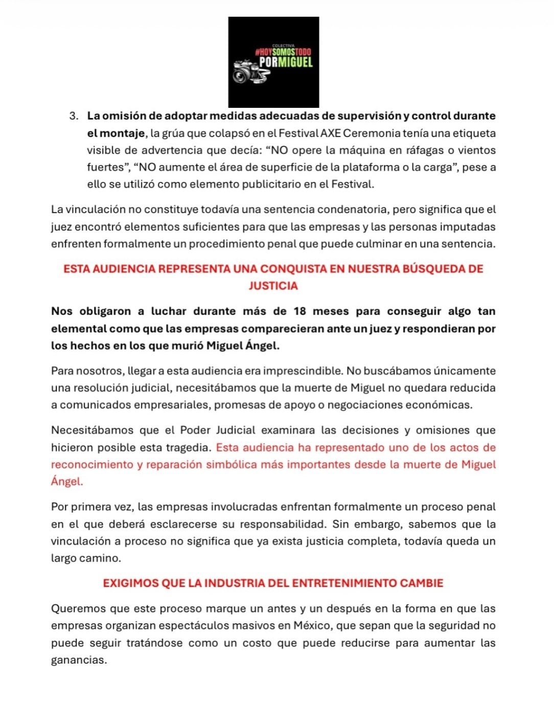Familia de Miguel Ángel Rojas, comunicado