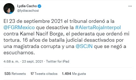 Lydia Cacho denuncia que un tribunal ordenó la desactivación de la ficha roja contra Kamel Nacif