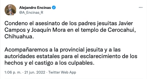 Alejandro Encinas lamenta la muerte de los padres jesuitas/Twitter
