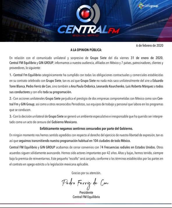 El periodista Pedro Ferriz de Con reaccionó en una carta abierta al anuncio hecho por Grupo Siete a finales de enero.