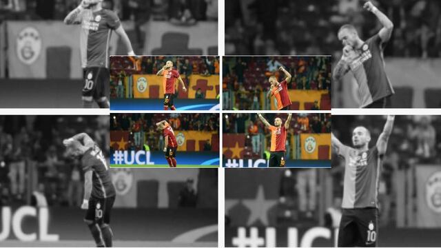 Para celebrar el triunfo ante el Benfica, Wesley Sneijder se quedó en la cancha para disfrutar junto a los aficionados turcos. 