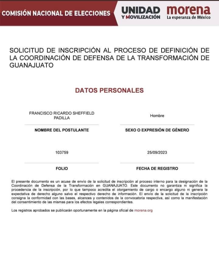 Ricardo Sheffield se registra para candidatura de Morena en Guanajuato