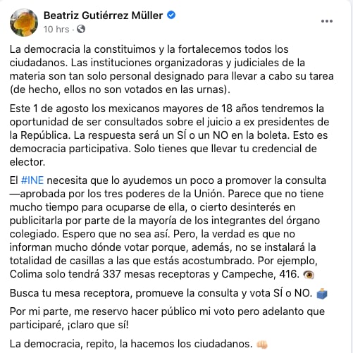 Beatriz Gutiérrez y su publicación sobre la consulta a expresidentes.